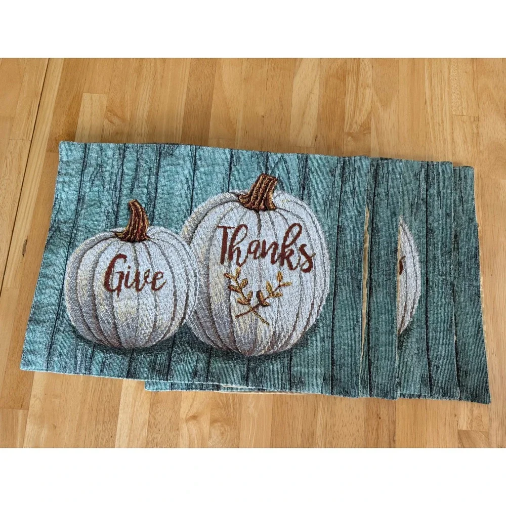 Set of 4 Give Thanks Pumpkin Fall Thanksgiving Fabric Placemats Teal